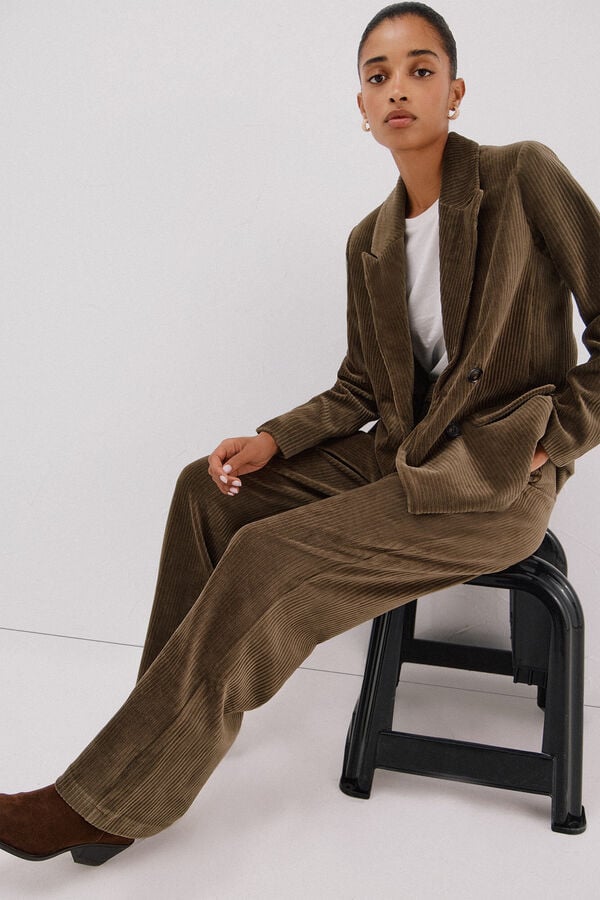 Cortefiel Calças femininas de veludo larga Verde