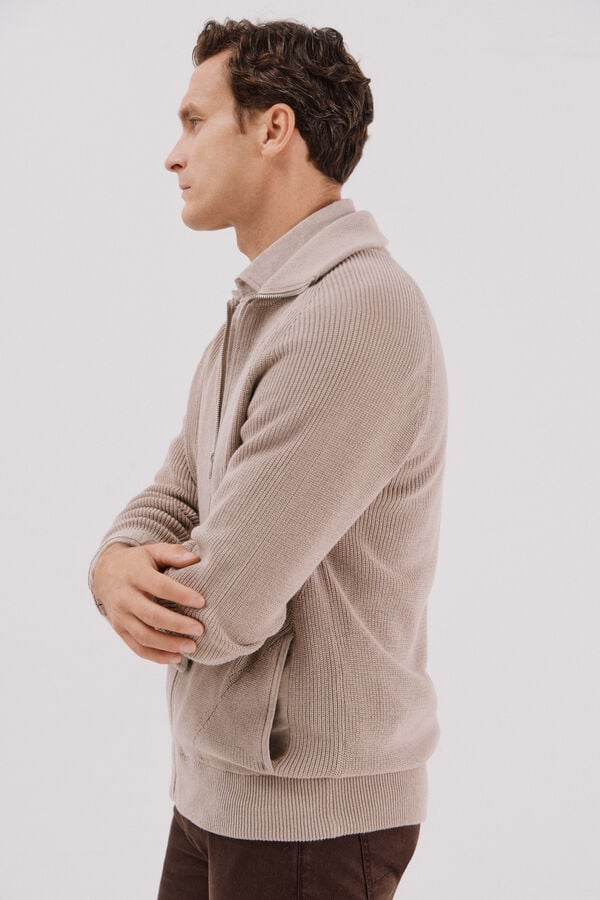 Cortefiel Cotton knit jersey-knit with zip fastening fastening Beige