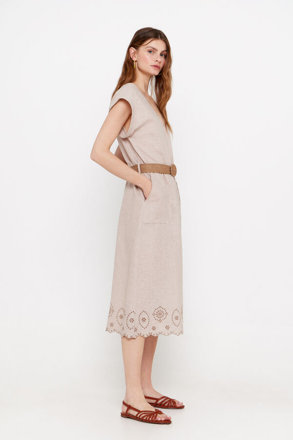 Cortefiel Embroidered belted dress Nude