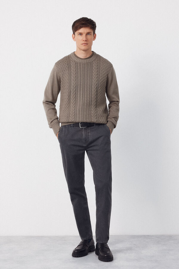 Cortefiel Cable knit round neck jersey-knit  Kaki