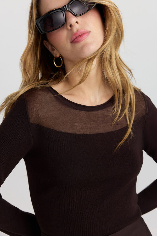Vero Moda Top de malha com detalhe semitransparente Castanho
