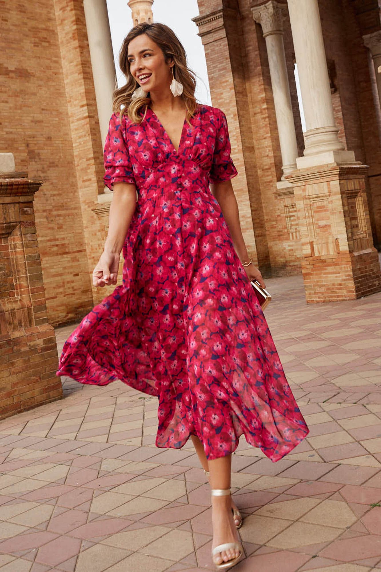 Pol&iacute;n Et Moi Vestido estampado flor ros&aacute;rio cereja