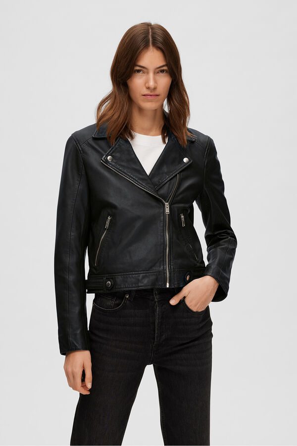 Selected Femme Blusão biker cropped 100% couro. Preto