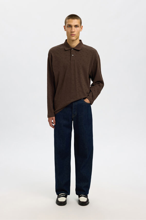 Selected Polo jacquard de manga manga 100% algodão orgânico Castanho