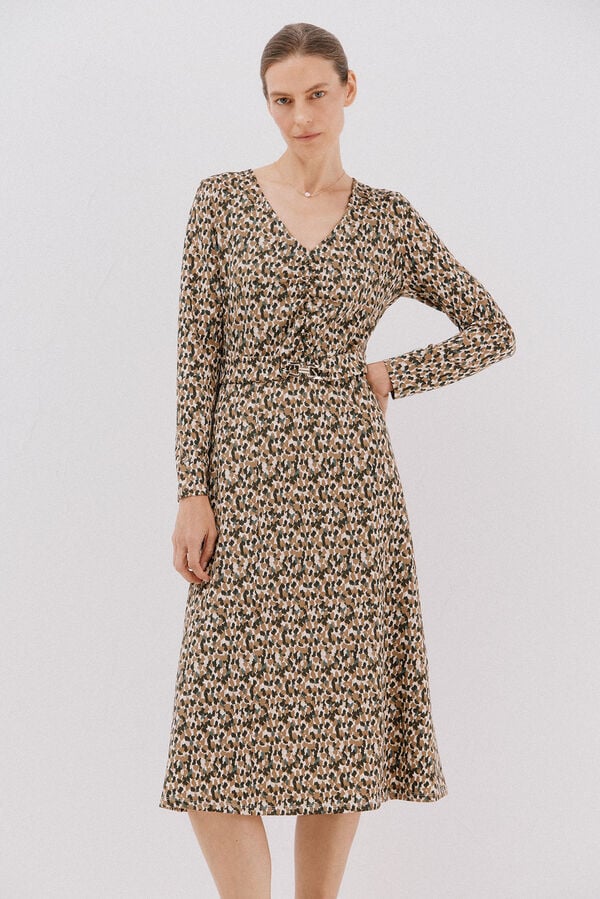 Cortefiel Vestido cinturón Estampado beige