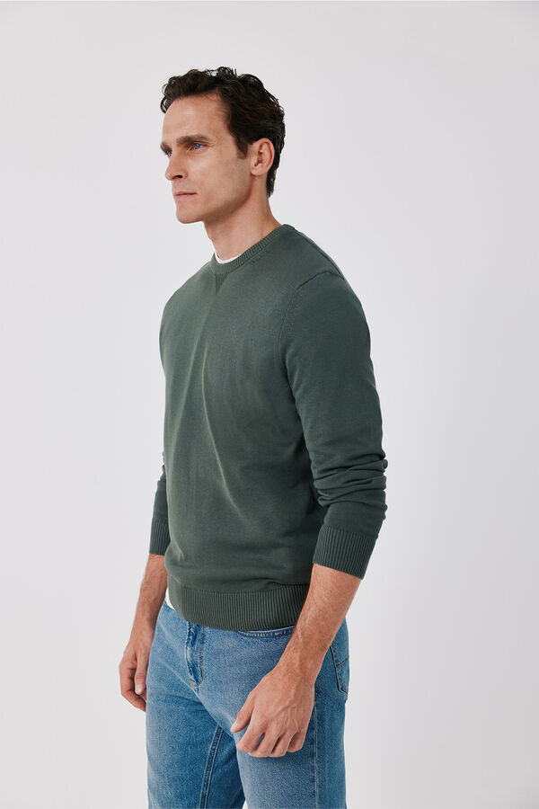 Cortefiel Cotton fine knit round neck jumper Kaki
