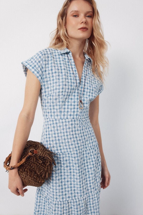 Cortefiel Vestido xadrez bordado Azul