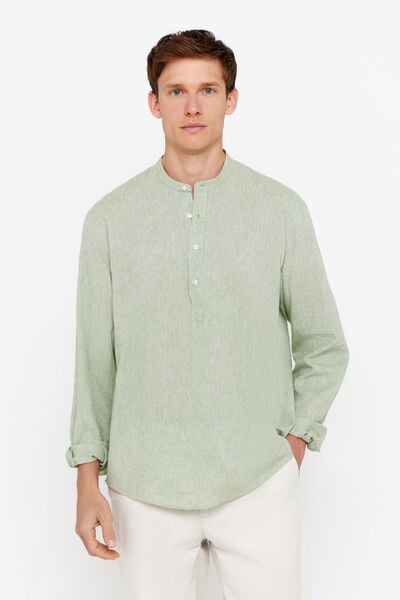 Cortefiel Linen and cotton polo shirt with mandarin collar Dark green