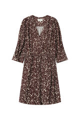 Cortefiel Vestido corto de manga 3/4 con escote pico, estampado abstracto bicolor. Estampado marrón