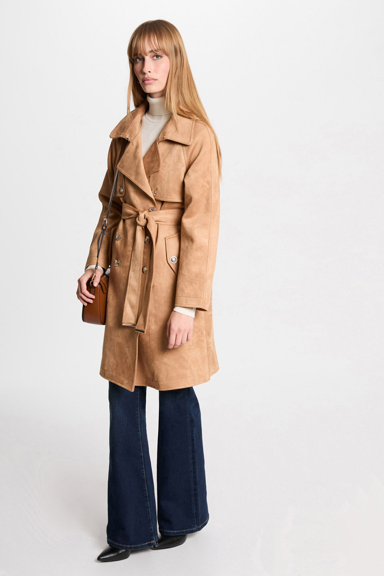 Morgan gabardina longo de camur&ccedil;a