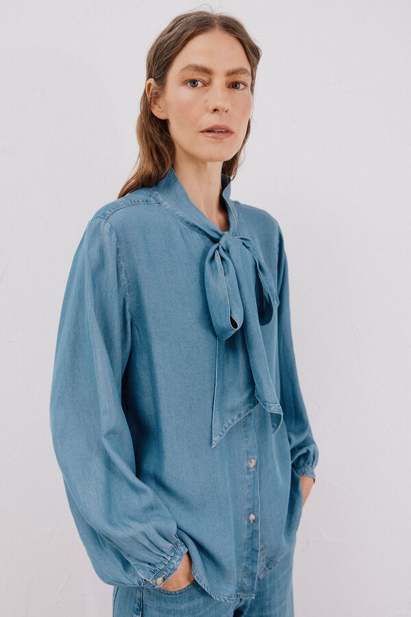 Cortefiel Denim shirt with bow or tie Blue