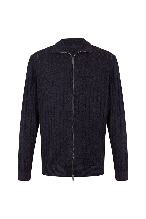 Cortefiel Cotton braided knit zip fastening cardigan Blue
