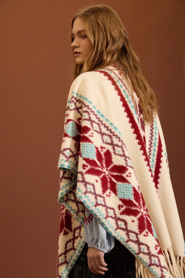 Meisie Ethnic poncho with fringes Printed white