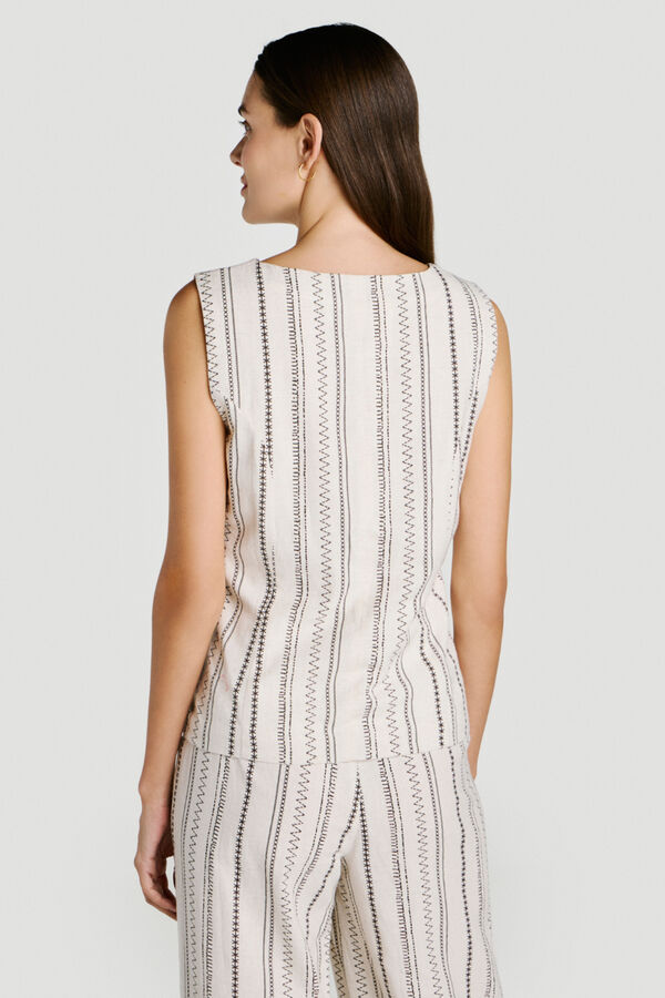 Vila Chaleco de vestir con estampado &eacute;tnico de algod&oacute;n y lino Beige