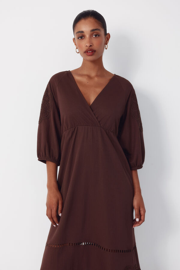 Cortefiel Floral guipure patchwork dress Brown