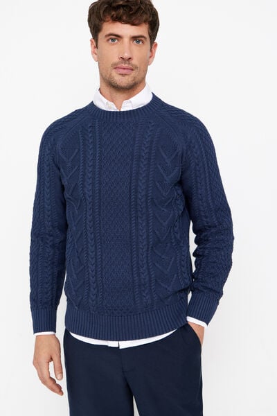 Cortefiel Round neck textured cable-knit jumper  Blue