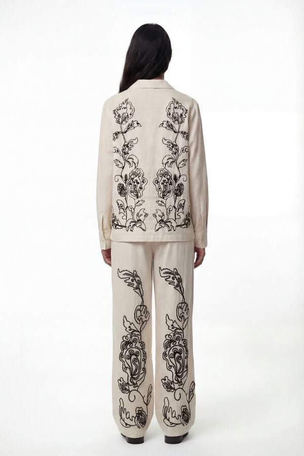 Vero Moda Cal&ccedil;a comprida de linho estampado  Tostado