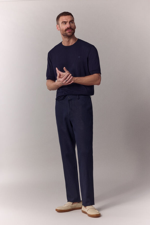 OOTO Cal&ccedil;a de fato coordenado em linho Azul