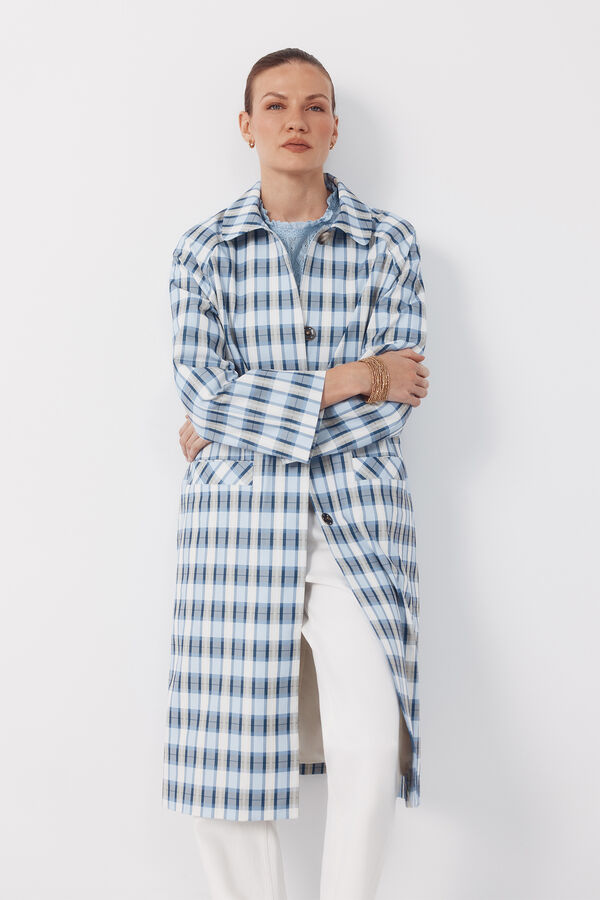 Cortefiel Long plaid trench coat Printed blue