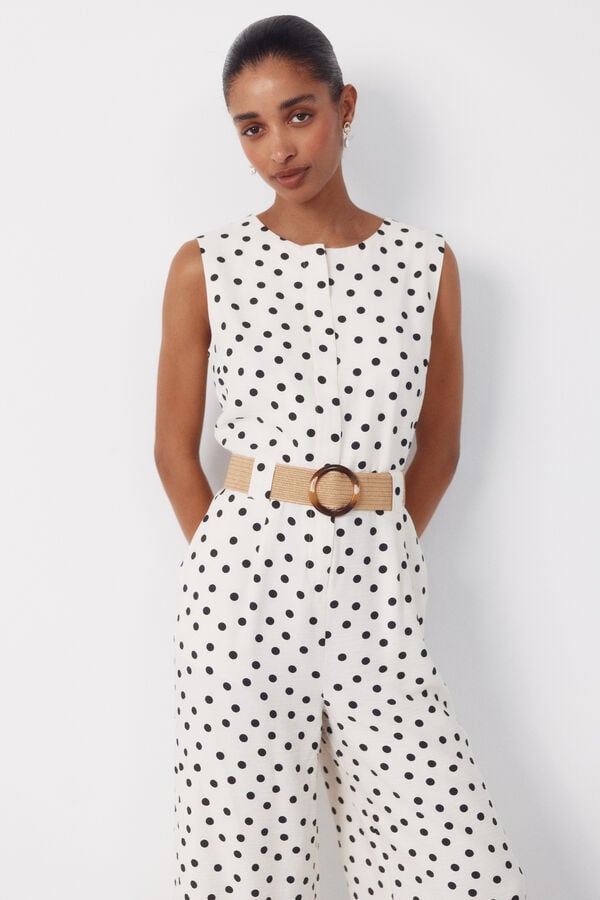 Cortefiel Belted jumpsuit Printed white