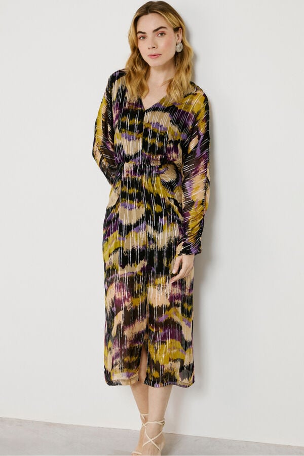 Vila Vestido midi estampado con lúrex Morado