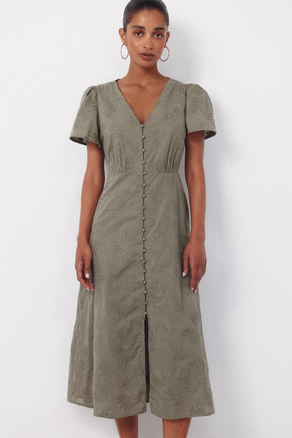 Cortefiel Embroidered dress Kaki