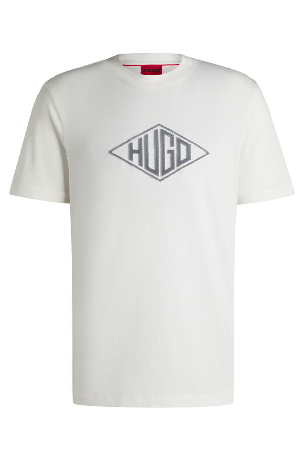HUGO Camiseta de malha de algodão com bordado de logo geométrico Ecru