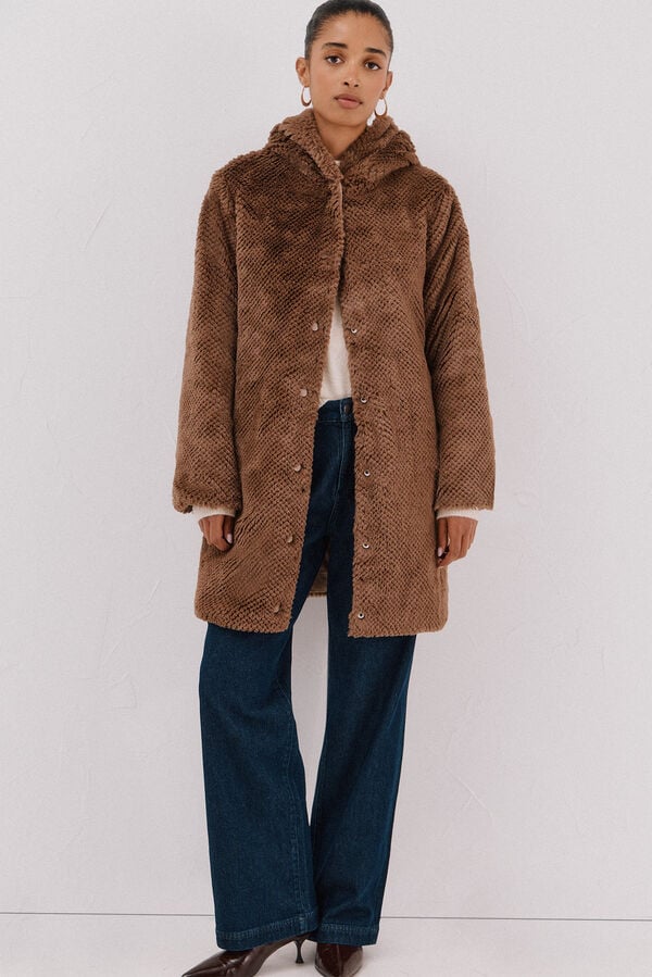 Cortefiel Long reversible faux fur coat Beige