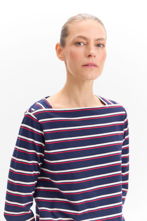 Cortefiel Essential boat neck T-shirt Printed blue