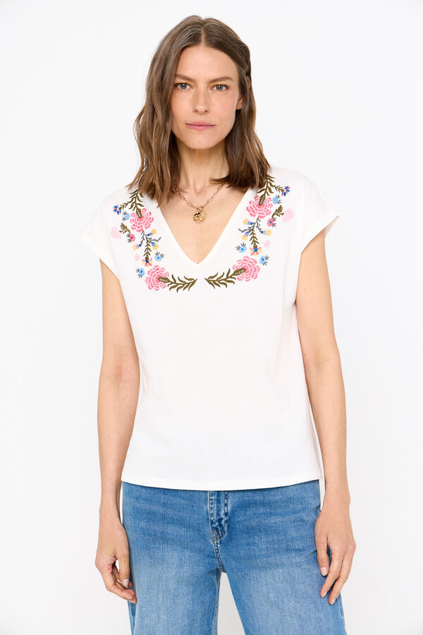 Cortefiel Camiseta bordado flores Branco