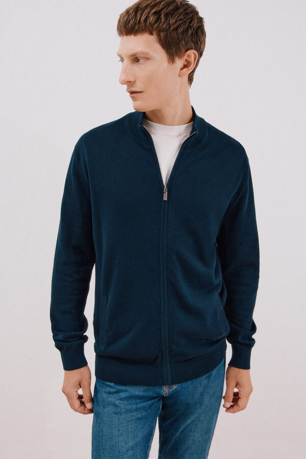 Cortefiel Fine knit cotton jersey-knit zip fastening  Navy