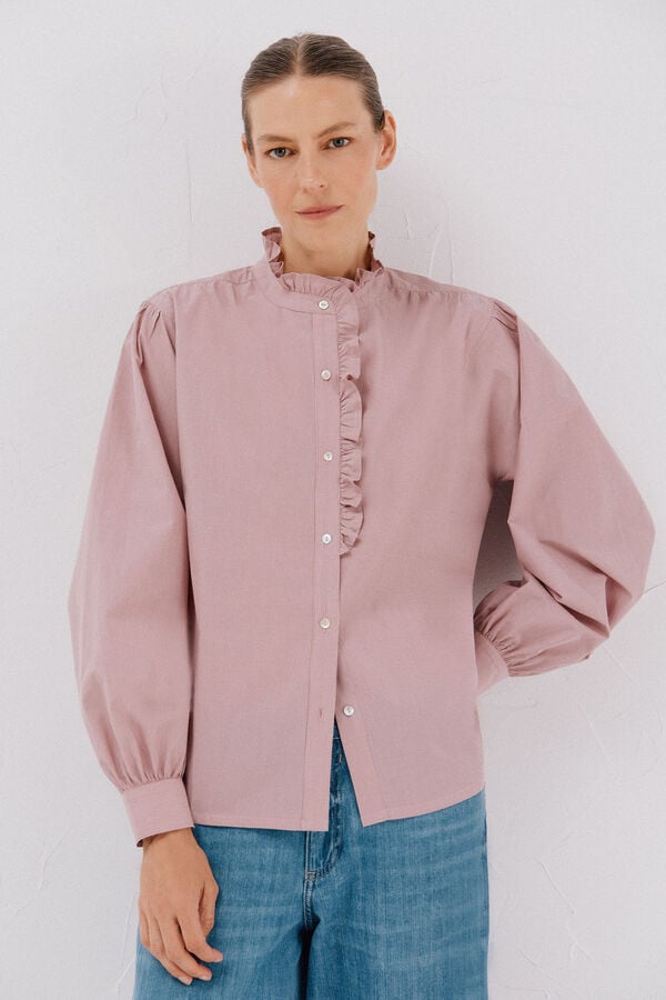 Cortefiel striped blouse with ruffled neck Pink