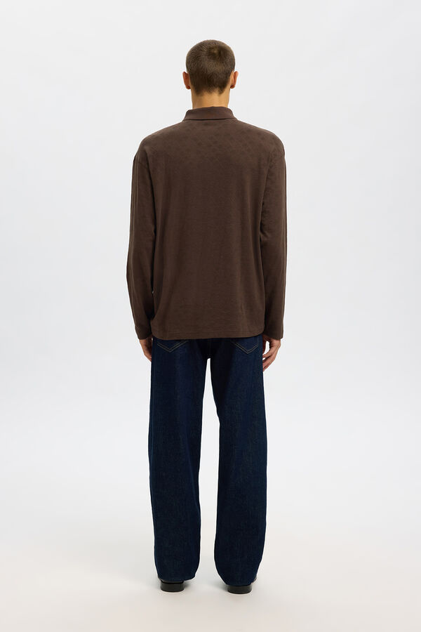 Selected Polo jacquard de manga manga 100% algodão orgânico Castanho