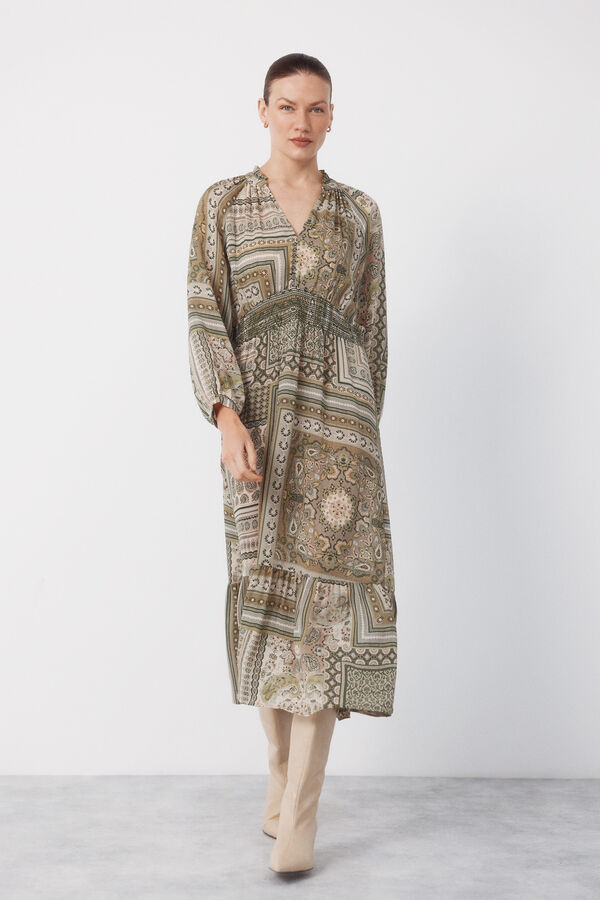 Cortefiel Flowing printed dress Kaki