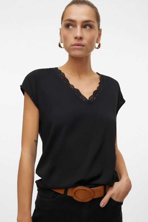 Cortefiel Short-sleeved T-shirt with lace details Black