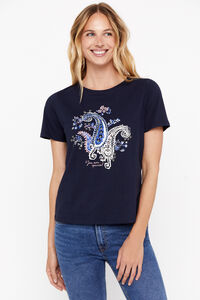 Cortefiel Printed T-shirt with beads Navy