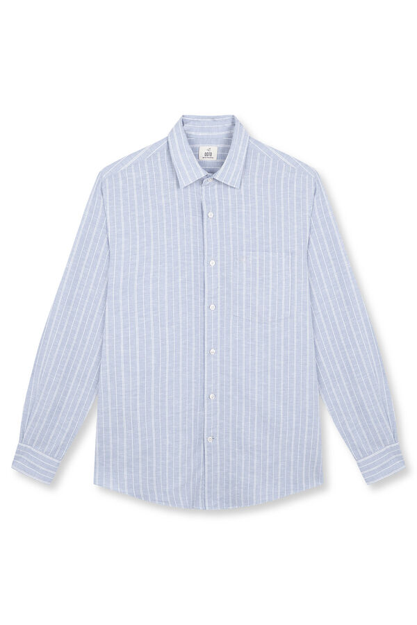 OOTO Camisa em algod&atilde;o e linho &agrave;s riscas Azul
