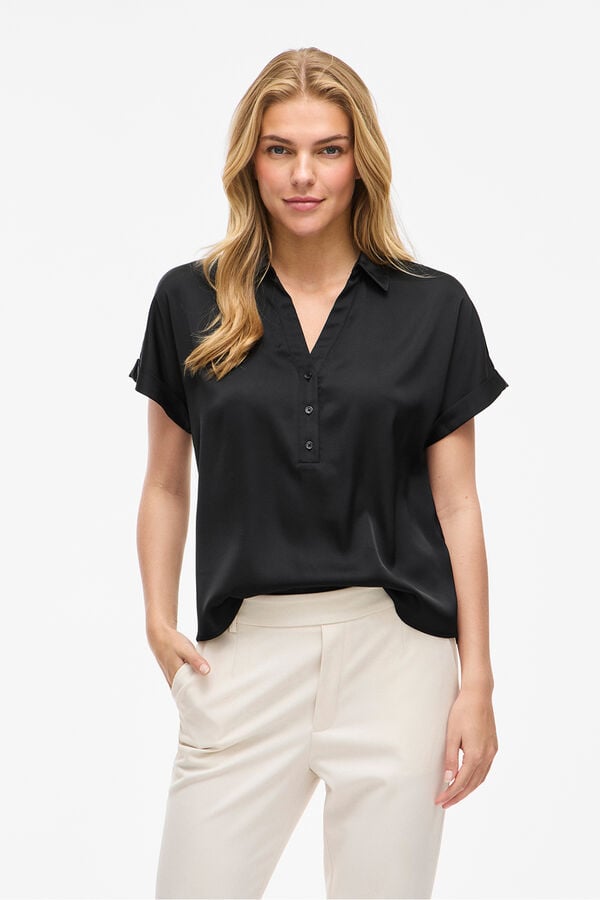 Vila Blusa acetinada de manga curta Preto