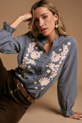 Polín Et Moi Camisa bordado cuadros Petroleo Azul