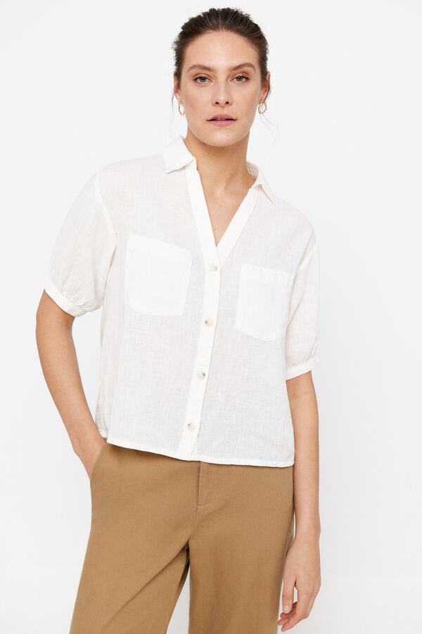 Cortefiel Camisa lino manga corta Blanco 