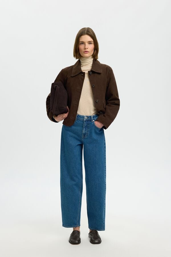 Selected Short suede jacket Dark brown