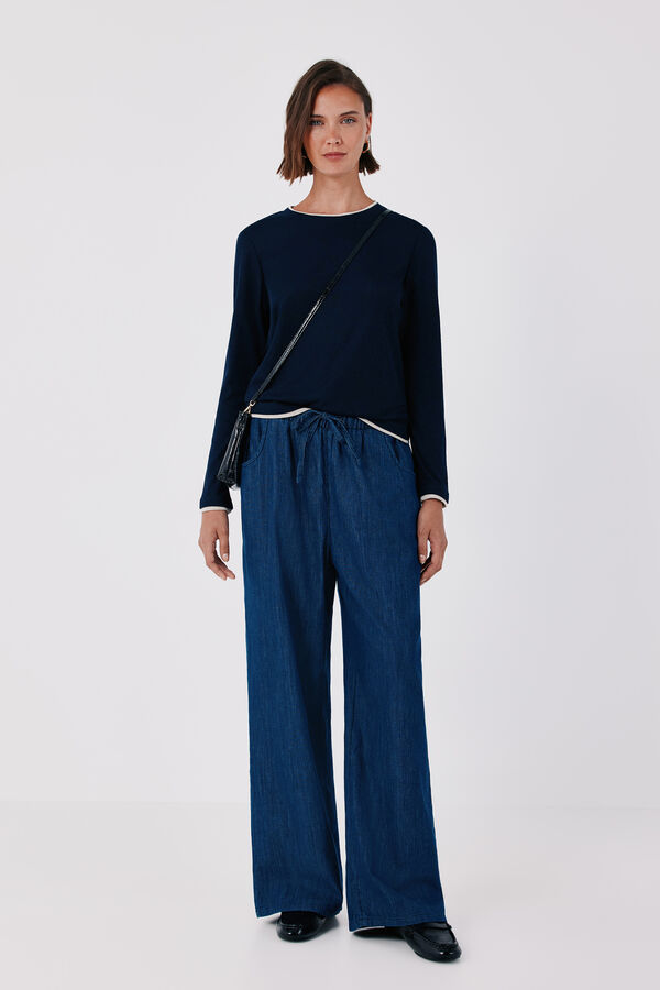 Cortefiel Contrast piping long sleeve T-shirt Navy