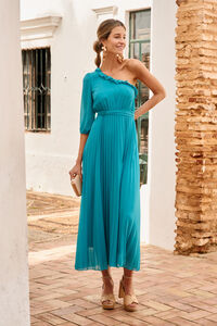 Cortefiel Pleated dress with one sleeve Turquoise