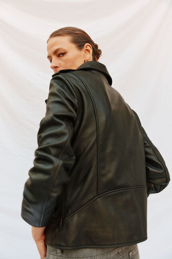 Cortefiel zip fastening leather jacket Black