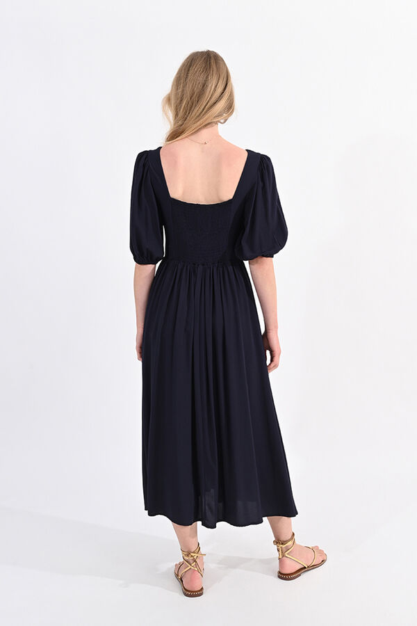Cortefiel Long short-sleeved dress with pleats Navy