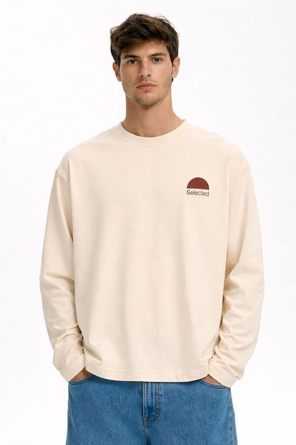 Selected T-shirt de manga comprida estampada Tostado