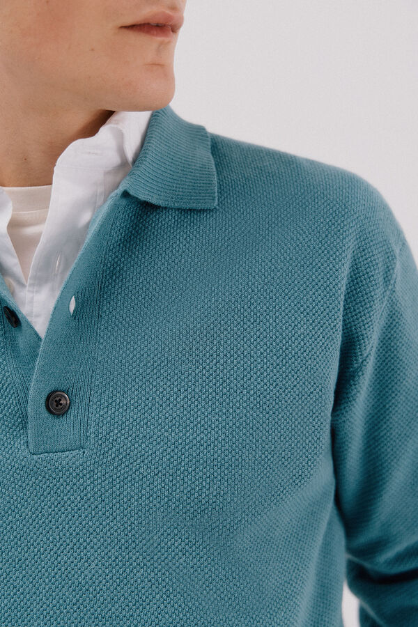 Cortefiel Suéter estruturado de lã com gola polo Azul