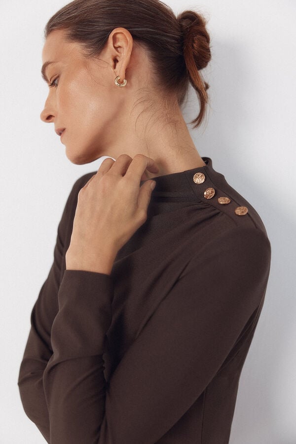 Cortefiel Long dress with gold buttons Brown