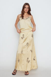 Cortefiel Long embroidered jewel skirt Gold