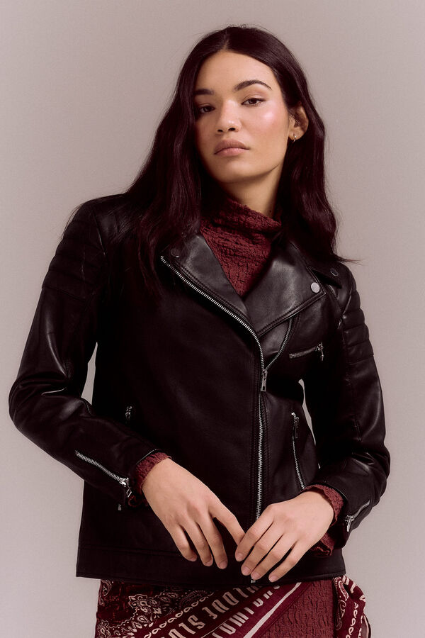 Cortefiel Nappa biker jacket with padded shoulders Black